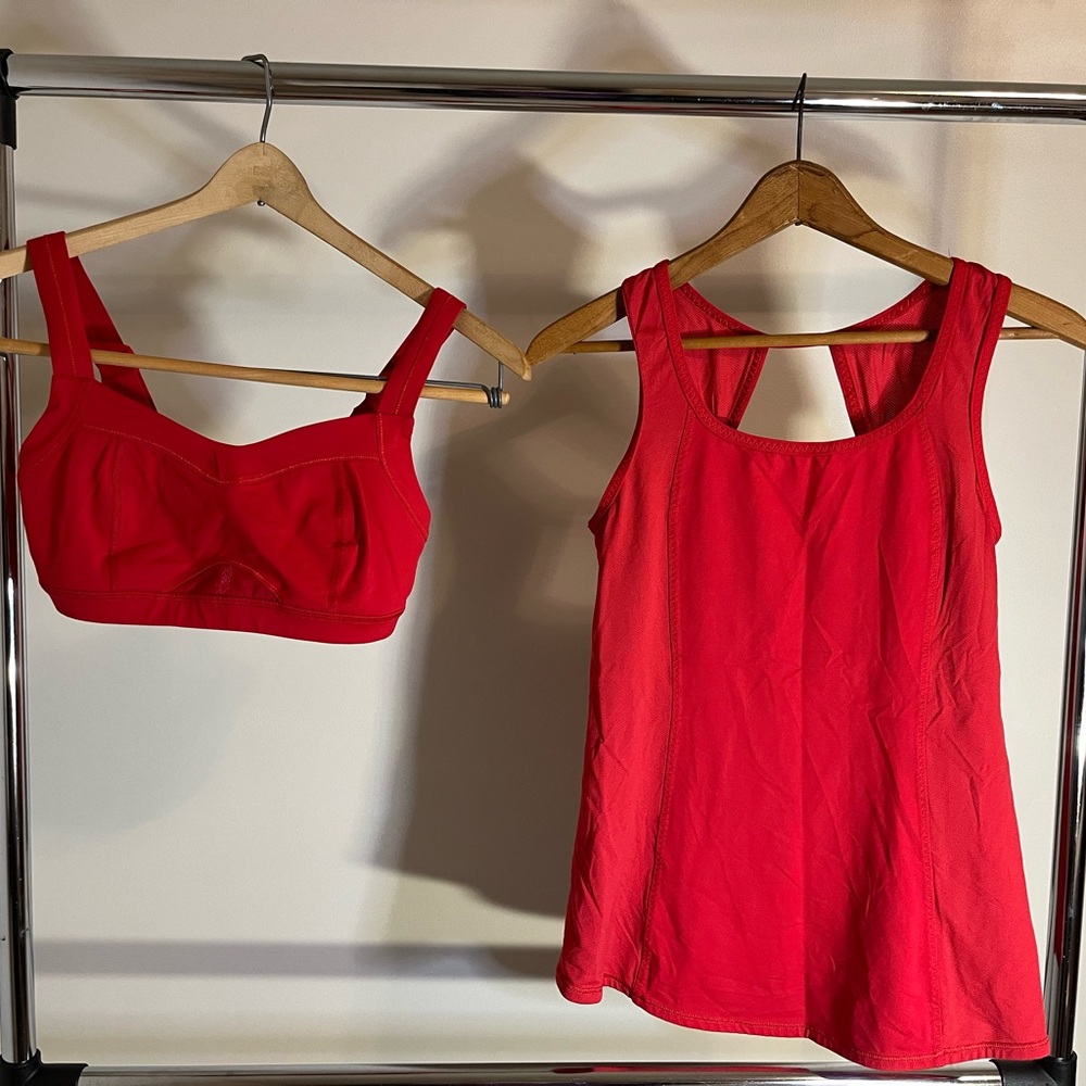 Red Lululemon 32C sports bras and size 4 matching tulip back tank